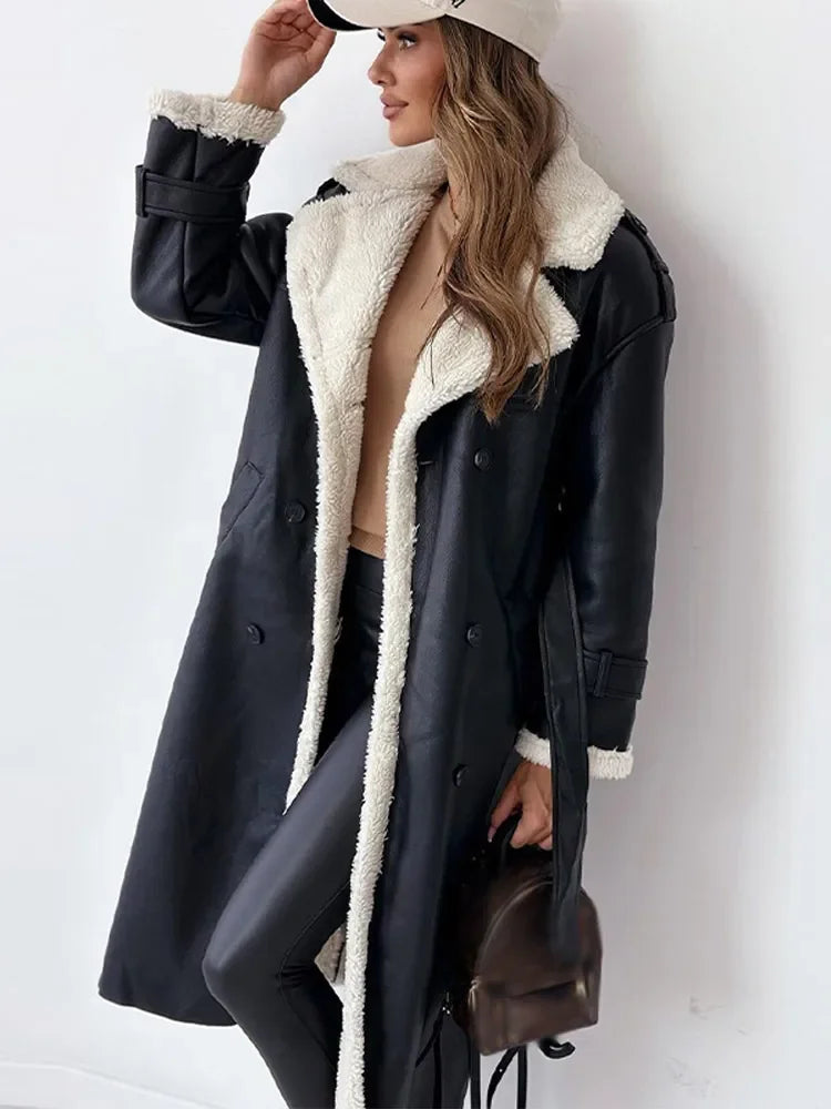 Warm Flattering Women’s Long Coat - Shearling Lined Leather - Tophatter Daily Deals