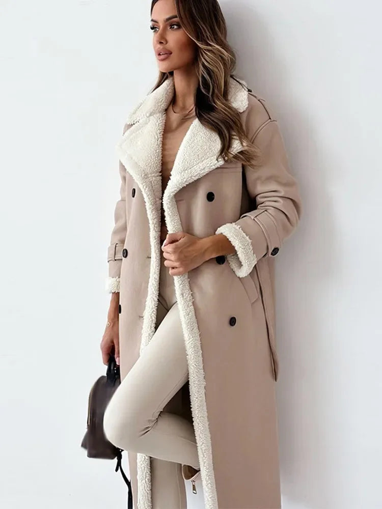 Warm Flattering Women’s Long Coat - Shearling Lined Leather - Tophatter Daily Deals