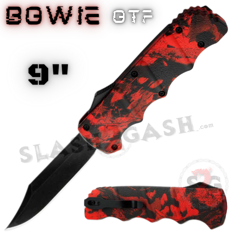 Bowie OTF Dual Action Auto Knife Switchblade 9" D2 - Asst. Colors Red Camo Knife-OTF - Tophatter Daily Deals