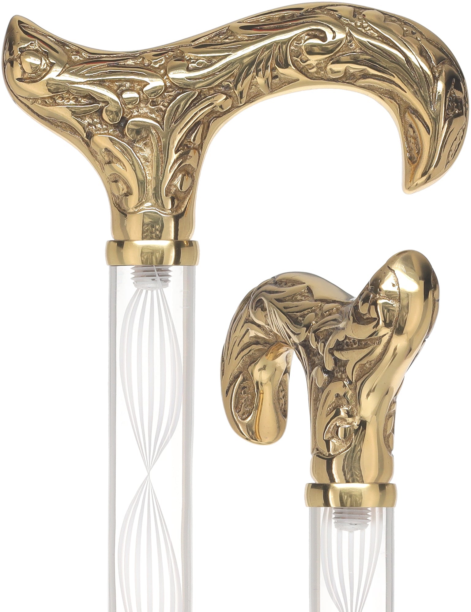 Crystal Elegance Brass Derby Cane with Invisible Acrylic Shaft Options Clear Lucite Walking Canes - Tophatter Daily Deals
