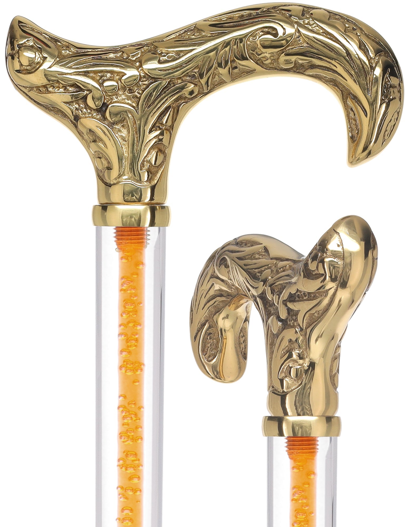 Color Crystal Elegance Brass Derby Cane with Invisible Acrylic Shaft Options Bold Orange Clear Lucite Walking Canes - Tophatter Daily Deals