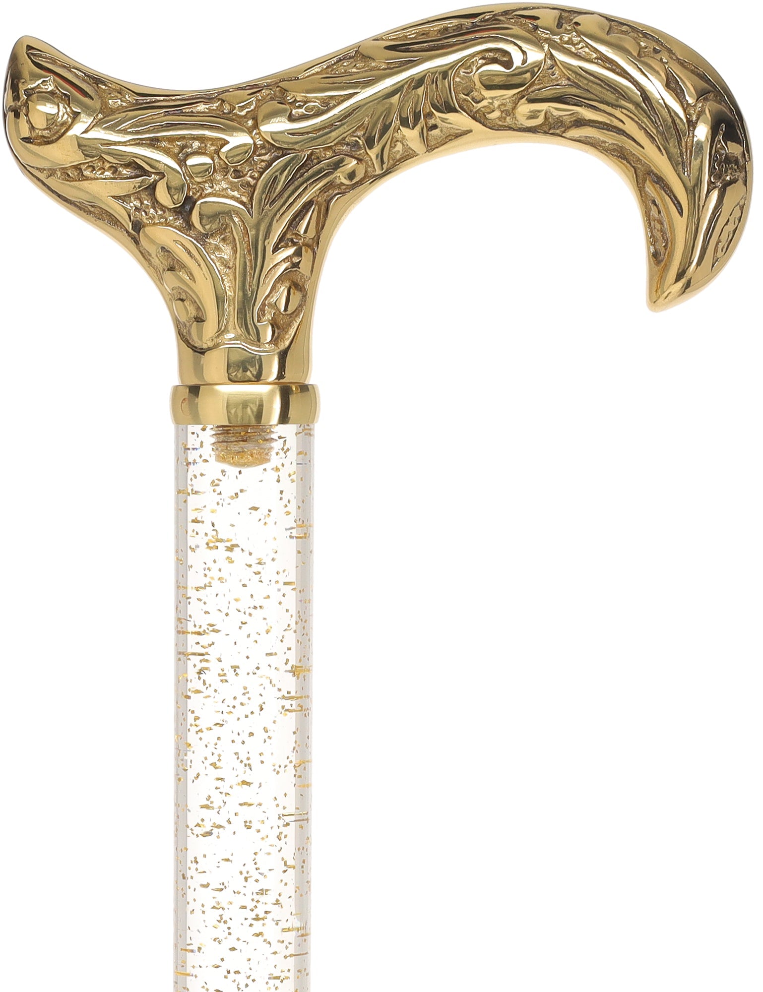 Crystal Elegance Brass Derby Cane with Invisible Acrylic Shaft Options Gold Shimmer Sparkles Clear Lucite Walking Canes - Tophatter Daily Deals