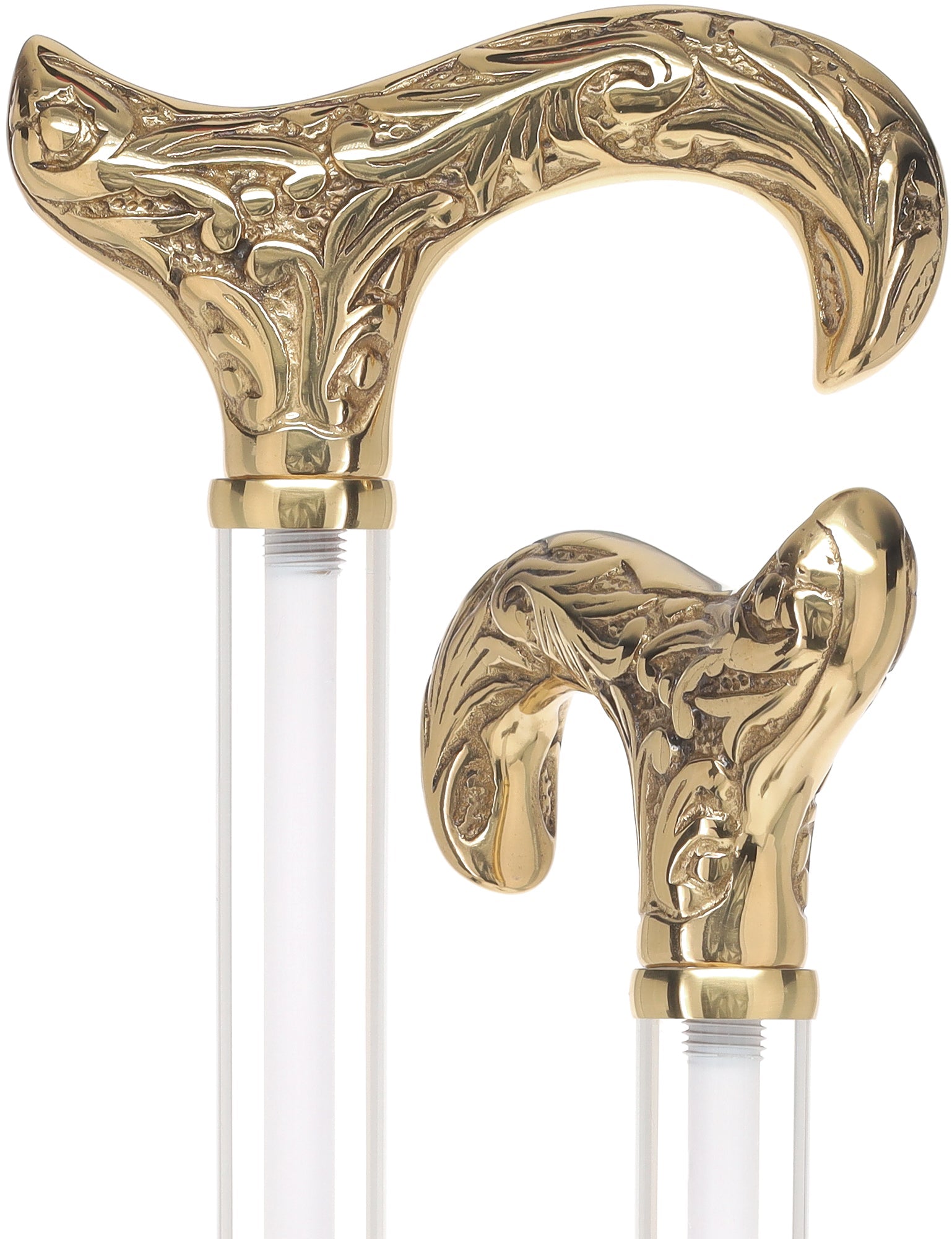 Crystal Elegance Brass Derby Cane with Invisible Acrylic Shaft Options Clear Lucite Walking Canes - Tophatter Daily Deals