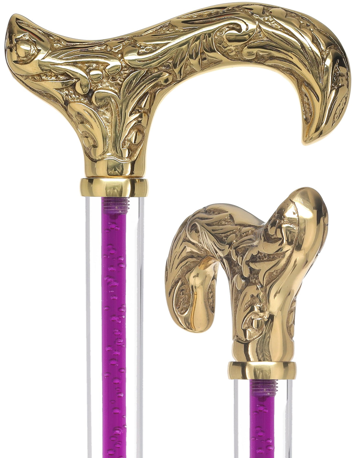 Color Crystal Elegance Brass Derby Cane with Invisible Acrylic Shaft Options Purple Amethyst Trace Clear Lucite Walking Canes - Tophatter Daily Deals