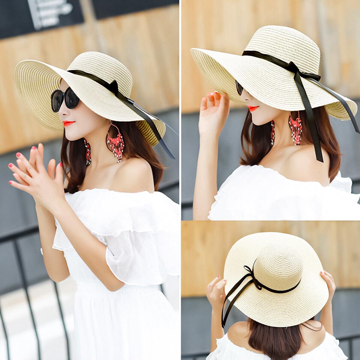 Straw Hat Womens - Summer Big Wide Brim Straw Hat Beach Sun Foldable Cap for Women Outdoor Recreation - Tophatter Daily Deals
