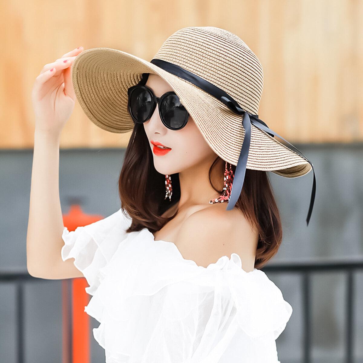 Straw Hat Womens - Summer Big Wide Brim Straw Hat Beach Sun Foldable Cap for Women Outdoor Recreation - Tophatter Daily Deals
