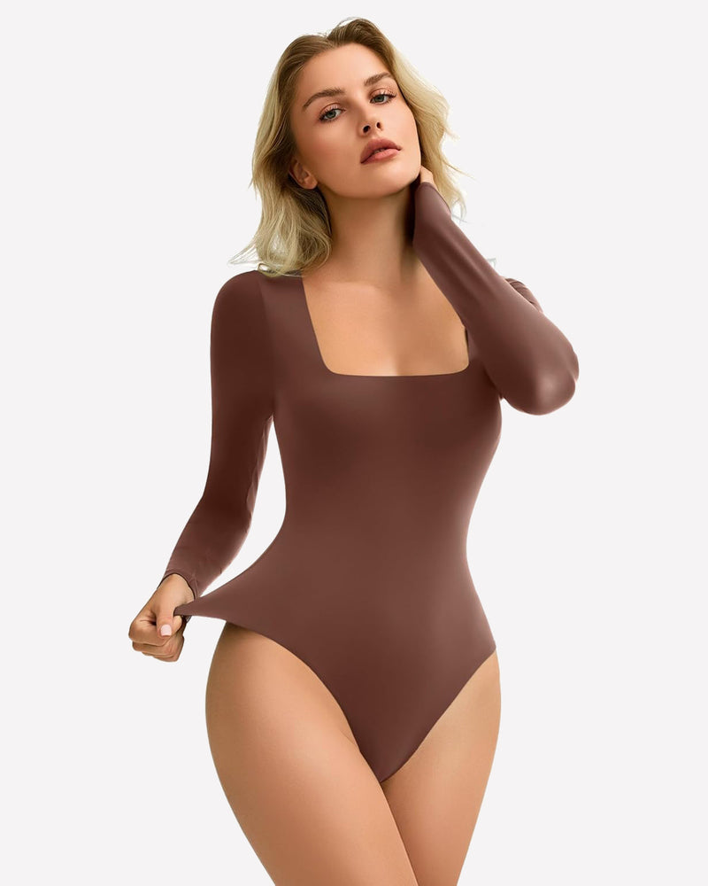 Double Lined Square Neck BodySuit Tops Brown Shaperwear-bodysuit - Tophatter Daily Deals