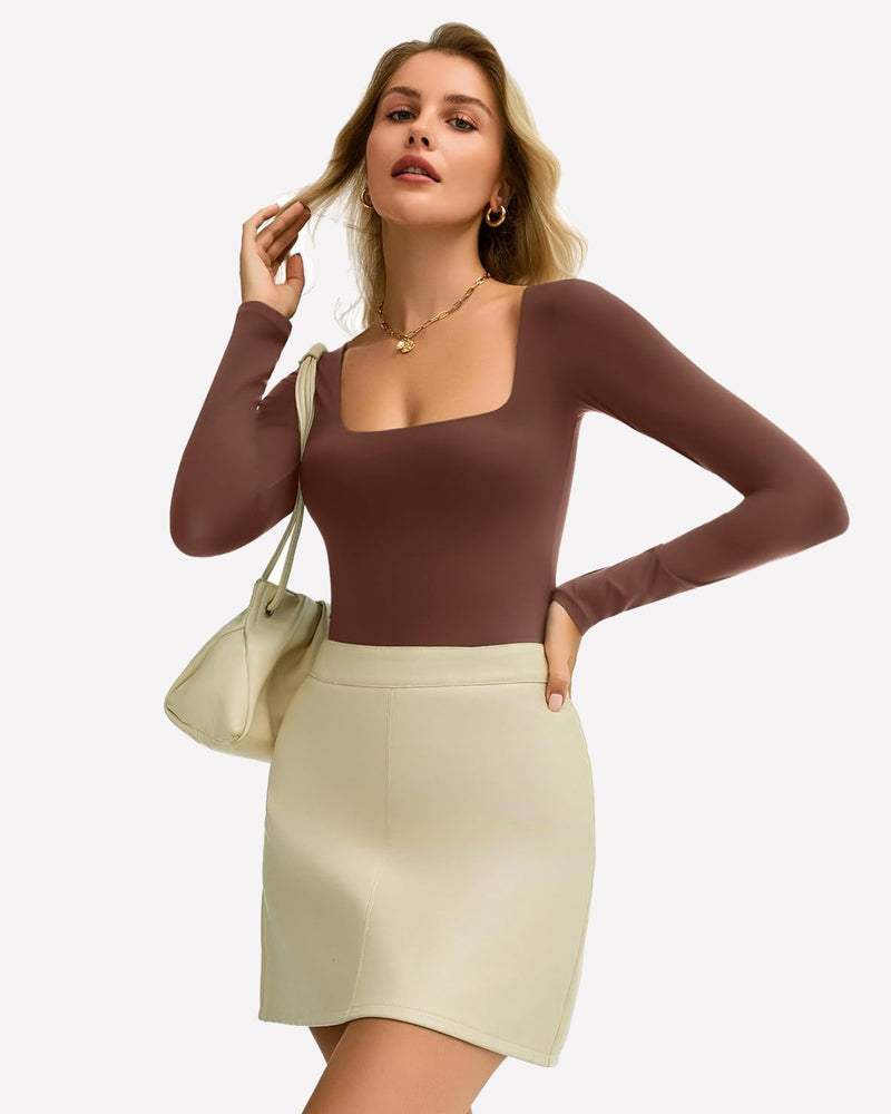 Double Lined Square Neck BodySuit Tops Shaperwear-bodysuit - Tophatter Daily Deals