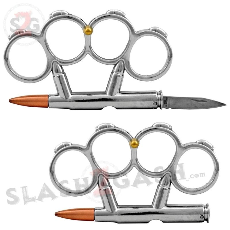 Bullet Knuckles w/ Hidden Knife 7.62x54 Belt Buckle Paperweight - Silver Belt Buckle - Tophatter Daily Deals