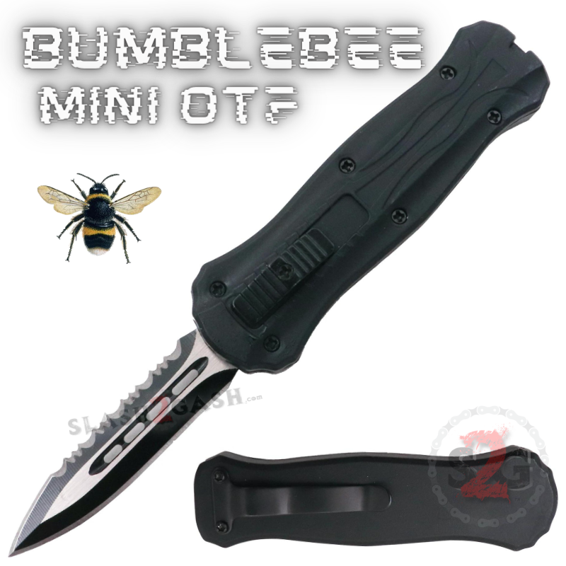 Bumblebee Mini OTF Knife Small Auto Switchblade Dagger - Black Combo Black - Combo Blade Knife-OTF - Tophatter Daily Deals
