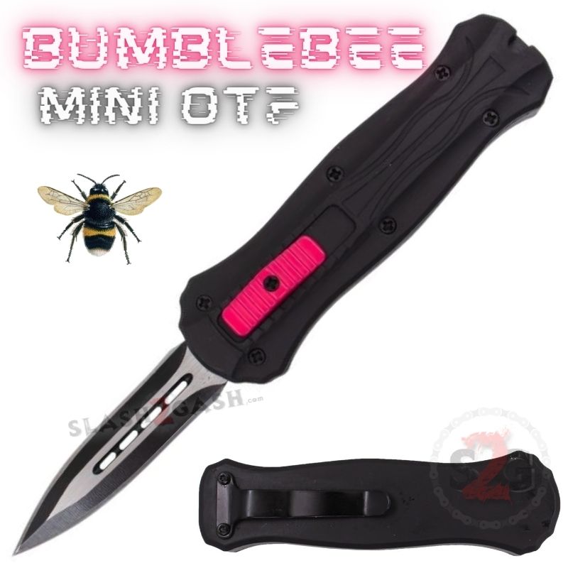 Bumblebee Mini OTF Knife Small Auto Switchblade Dagger - Asst. colors Black w Pink Trigger Knife-OTF - Tophatter Daily Deals