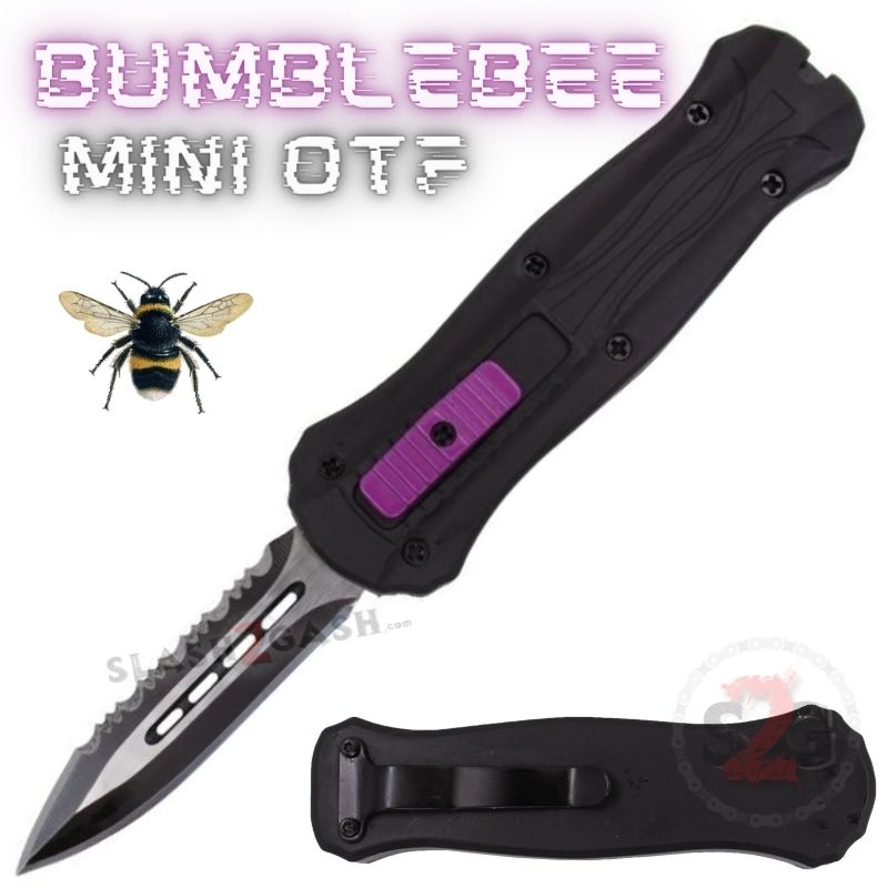 Bumblebee Mini OTF Knife Small Auto Switchblade Dagger - Asst. colors Black w Purple - Combo Blade Knife-OTF - Tophatter Daily Deals