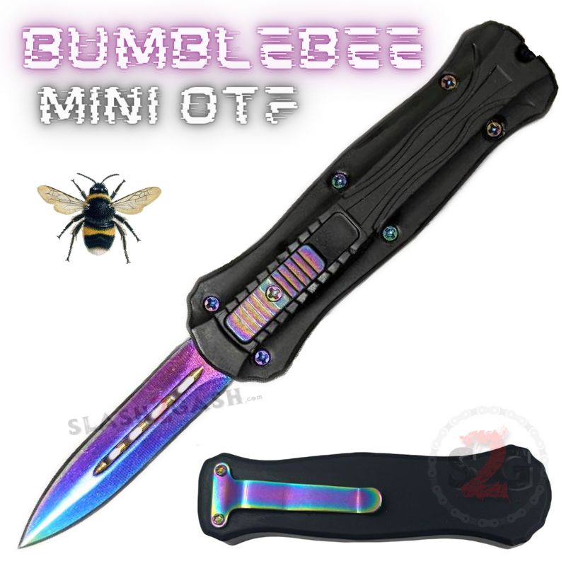 Bumblebee Mini OTF Knife Small Auto Switchblade Dagger - Asst. colors Black - Rainbow Blade Knife-OTF - Tophatter Daily Deals