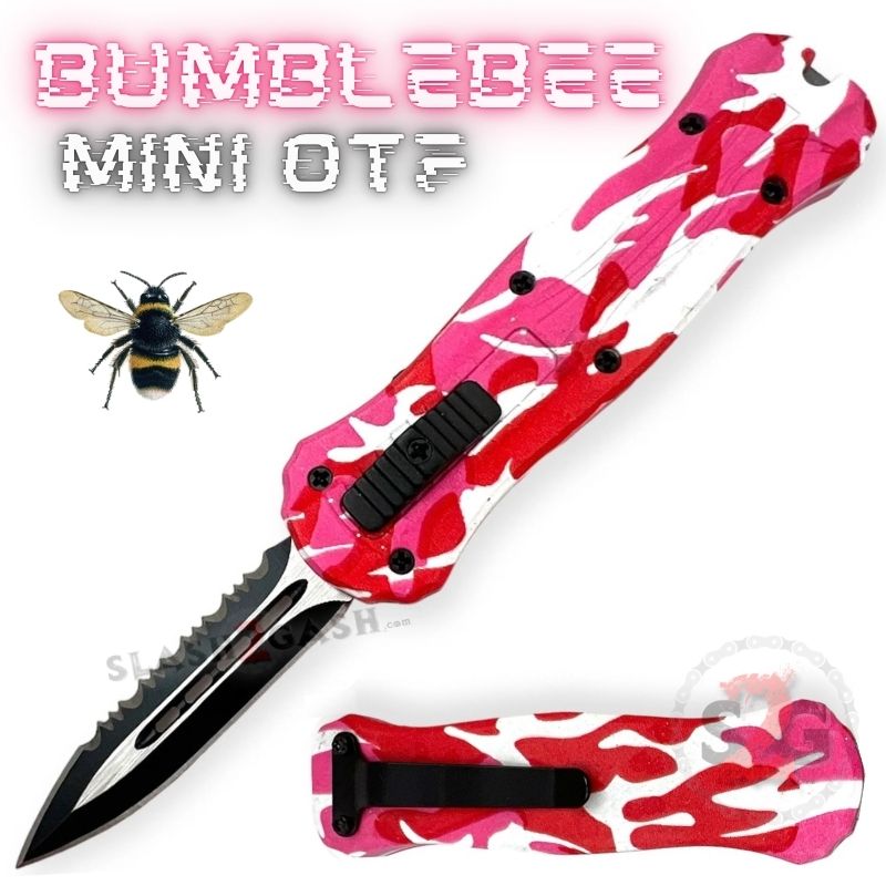 Bumblebee Mini OTF Knife Small Auto Switchblade Dagger - Pink Camo Pink White Camo - Serrated Knife-OTF - Tophatter Daily Deals