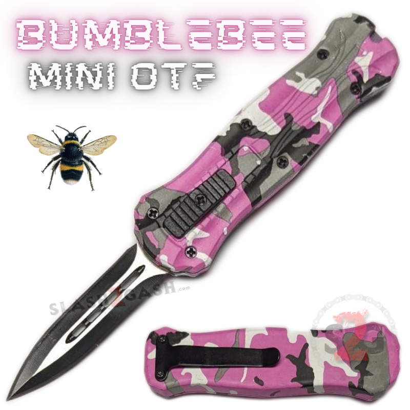 Bumblebee Mini OTF Knife Small Auto Switchblade Dagger - Pink Camo Pink Grey Camo Knife-OTF - Tophatter Daily Deals