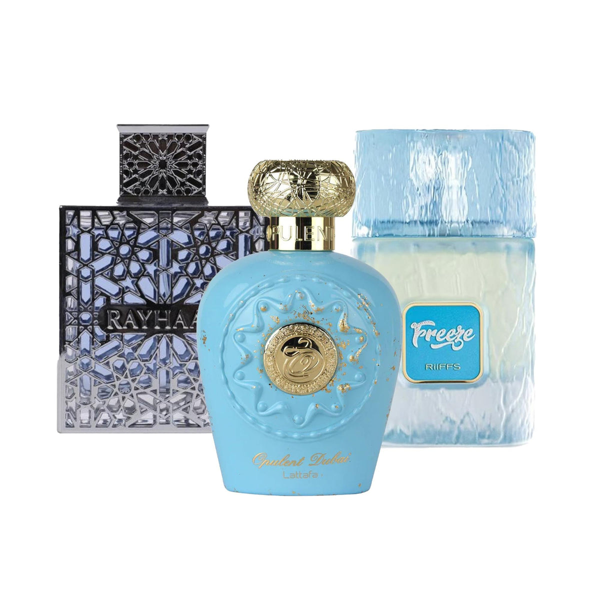 Summer Bundle - RiFFS Freeze Extrait De Parfum 100ml Spray & Rayhaan Aquatica Eau De Parfum 100ml Spray & Lattafa Opulent Dubai Eau De Parfum 100ml Spray - Tophatter Daily Deals