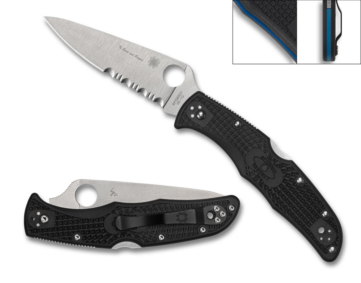 Spyderco Endura 4 - VG-10 Steel - Black FRN - Thin Blue Line - C10FBKBL Knives - Tophatter Daily Deals