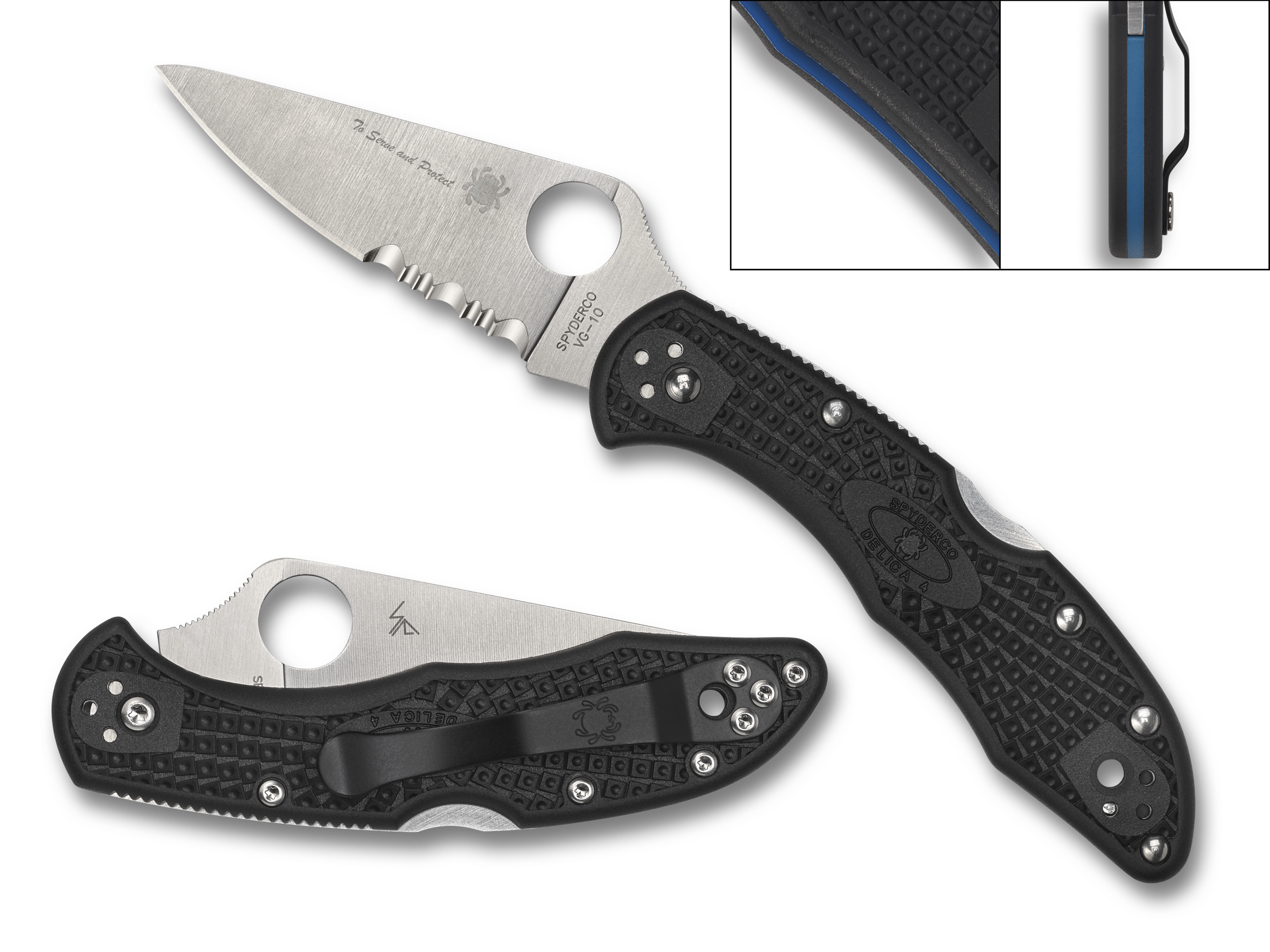 Spyderco Delica 4 - Thin Blue Line - Black FRN- Partially Serrated VG-10 Blade - C11FPSBKBL - CLOSEOUT Knives - Tophatter Daily Deals