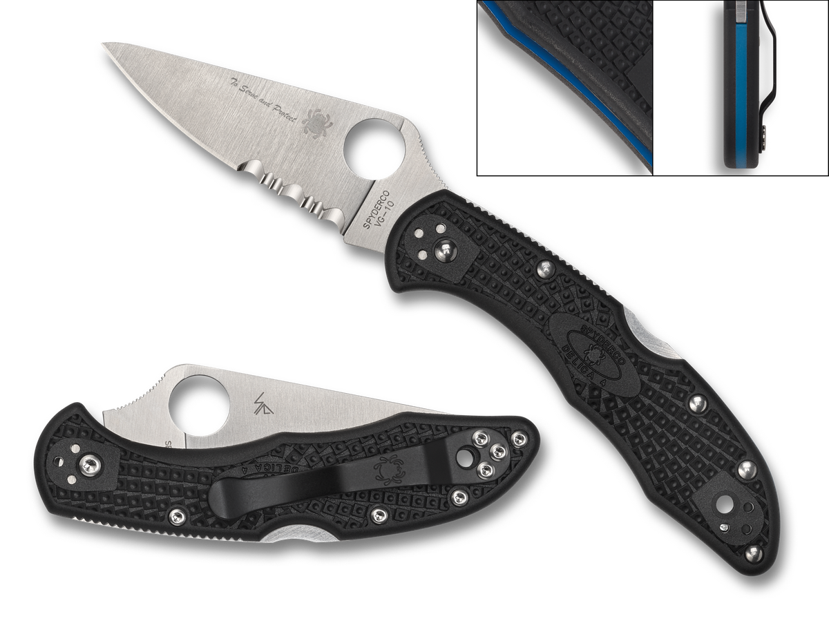 Spyderco Delica 4 - Thin Blue Line - Black FRN- Partially Serrated VG-10 Blade - C11FPSBKBL - CLOSEOUT Knives - Tophatter Daily Deals
