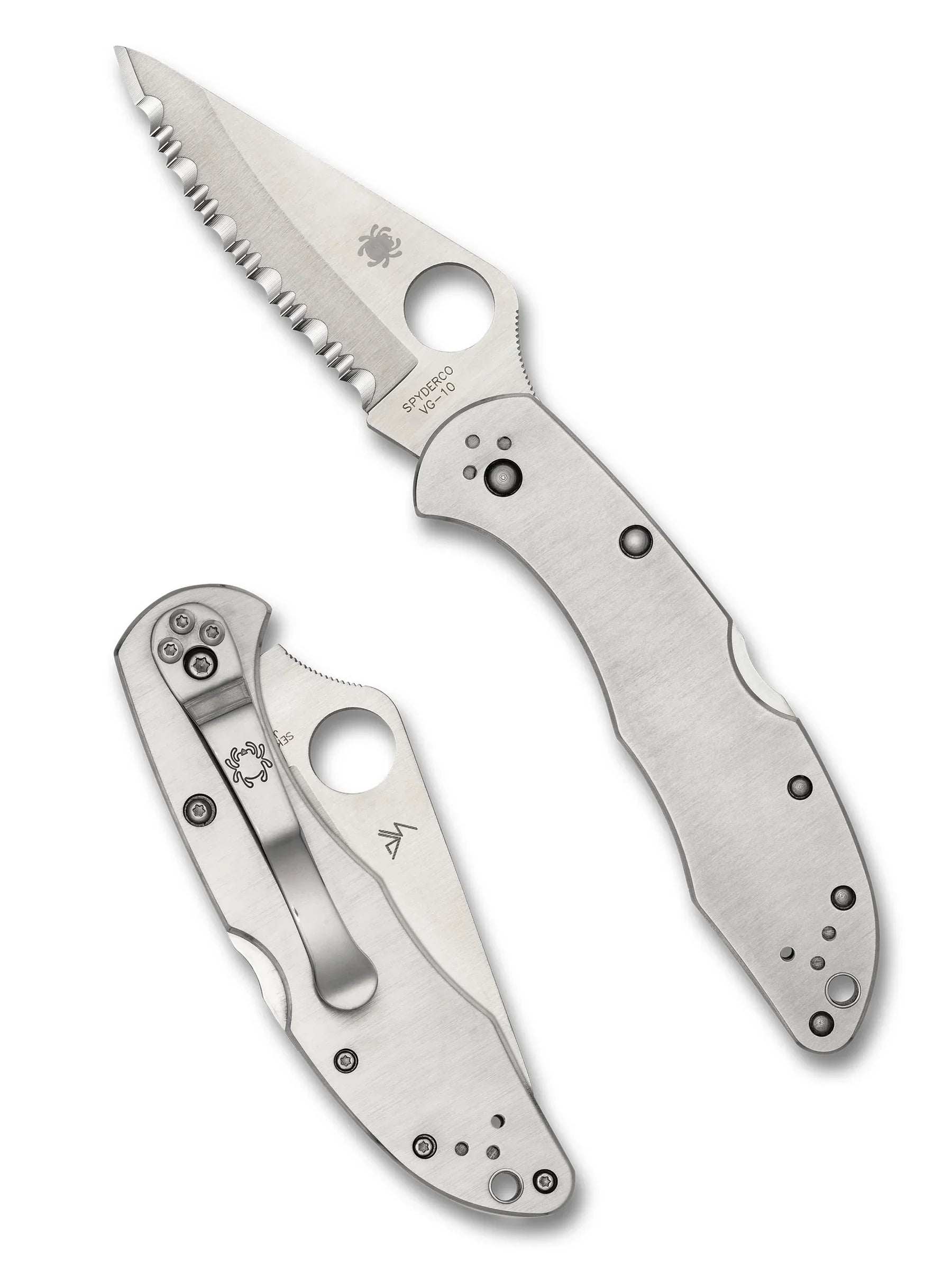 Spyderco Delica 4 - Stainless Steel Handles - VG10 Satin Serrated Blade - C11S Folding Knives - Tophatter Daily Deals