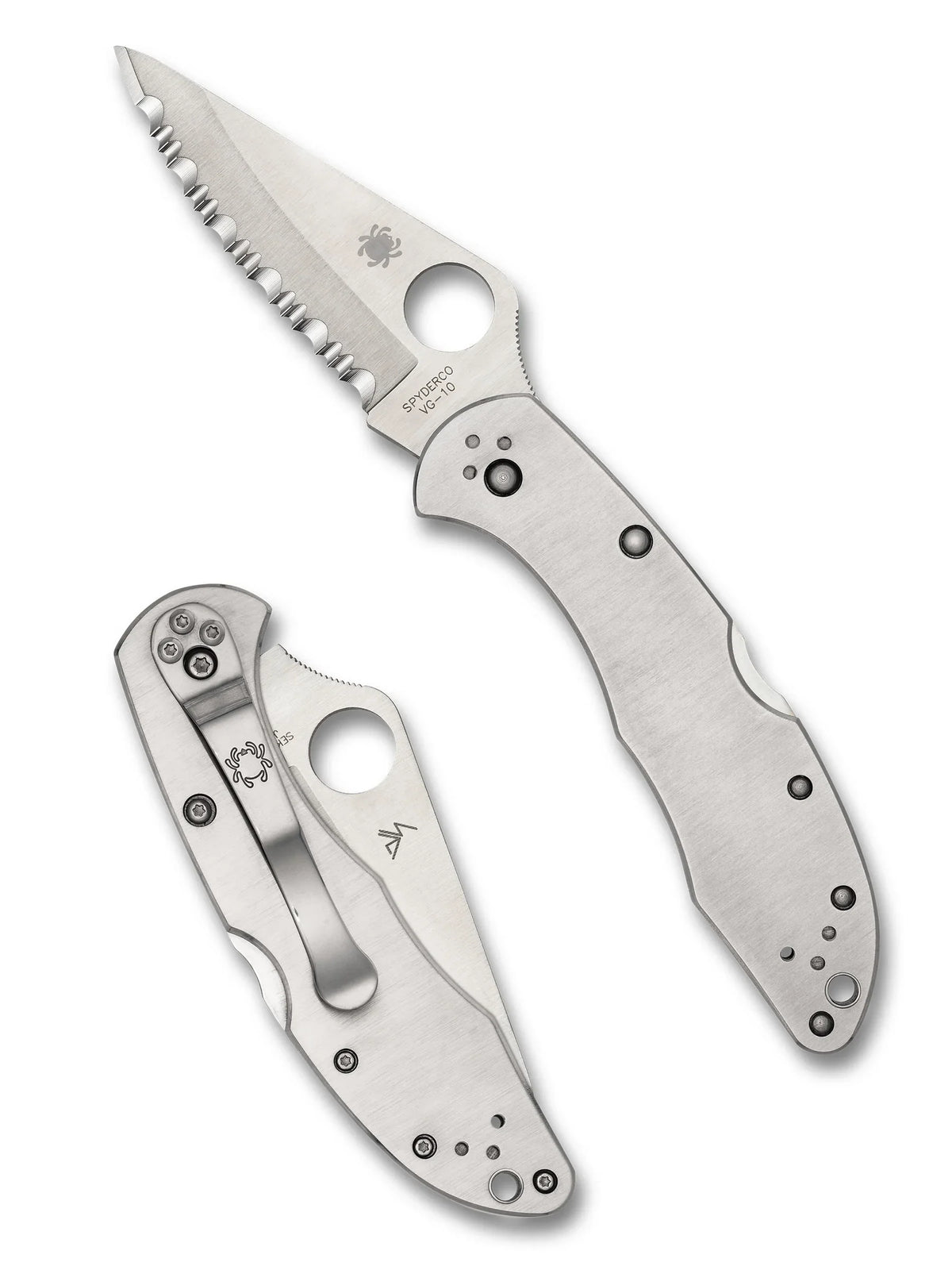 Spyderco Delica 4 - Stainless Steel Handles - VG10 Satin Serrated Blade - C11S Folding Knives - Tophatter Daily Deals