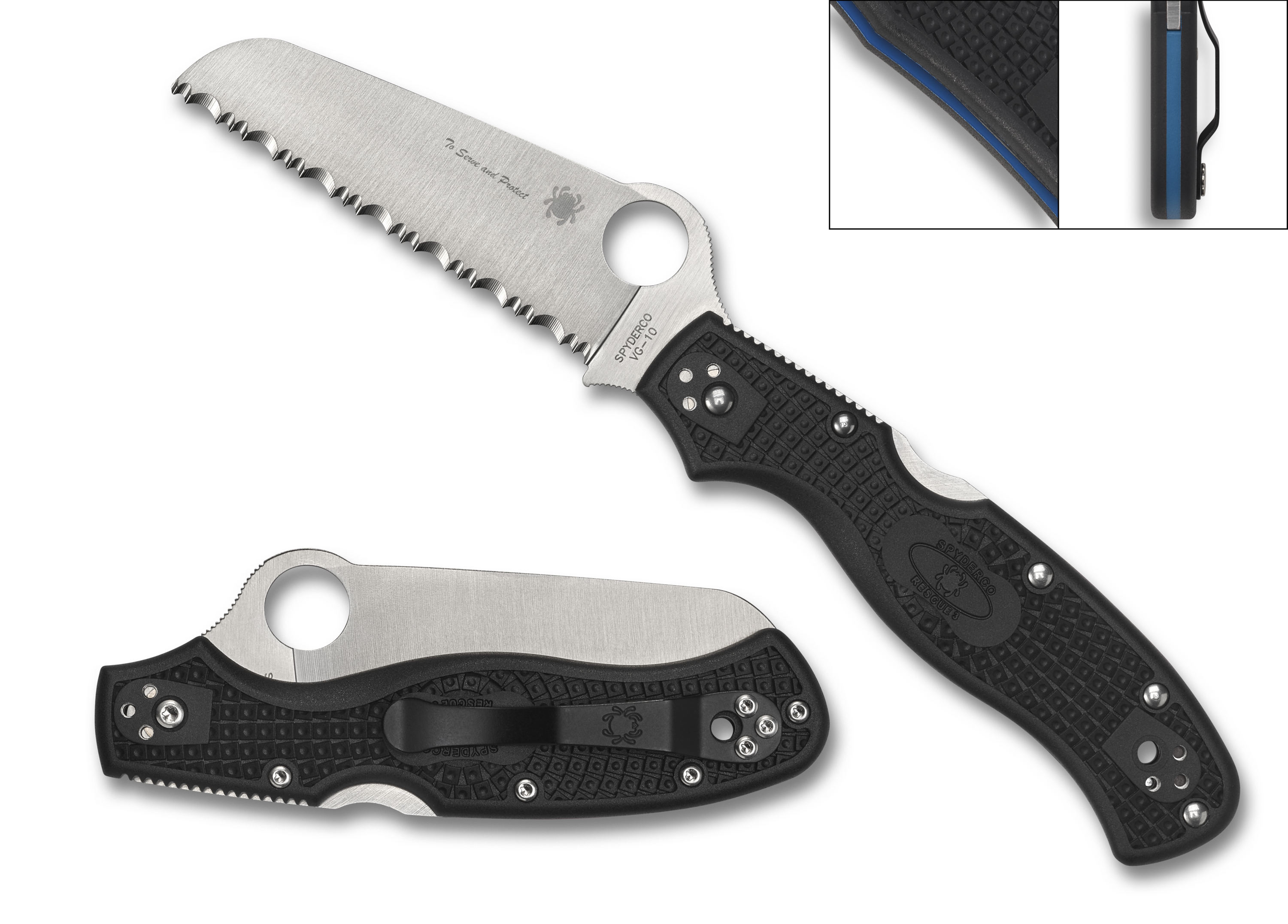Spyderco Rescue 3 - Black FRN - Thin Blue Line - Fully Serrated Blade - C14FSBKBL3 - CLOSEOUT Knives - Tophatter Daily Deals
