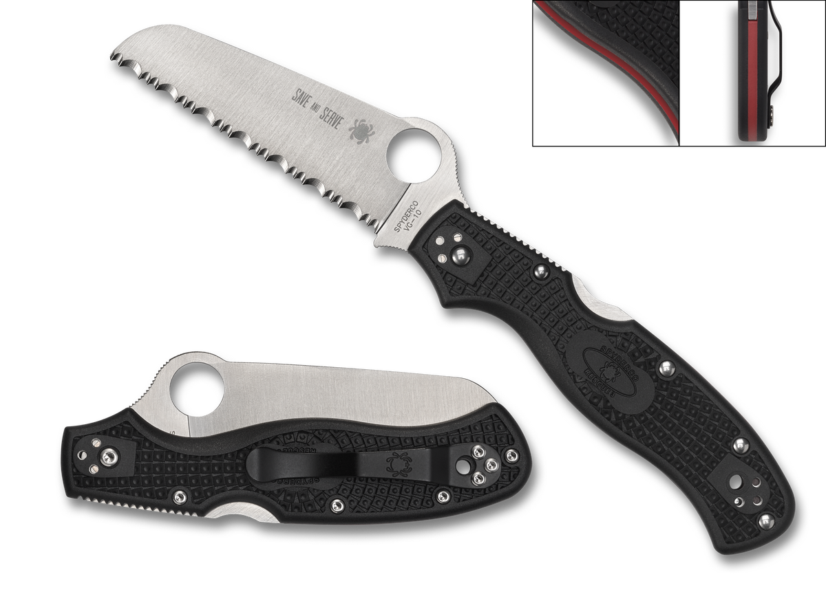 Spyderco Rescue 3 - Black FRN - Thin Red Line - Fully Serrated Blade - C14FSBKRD3 - CLOSEOUT Knives - Tophatter Daily Deals