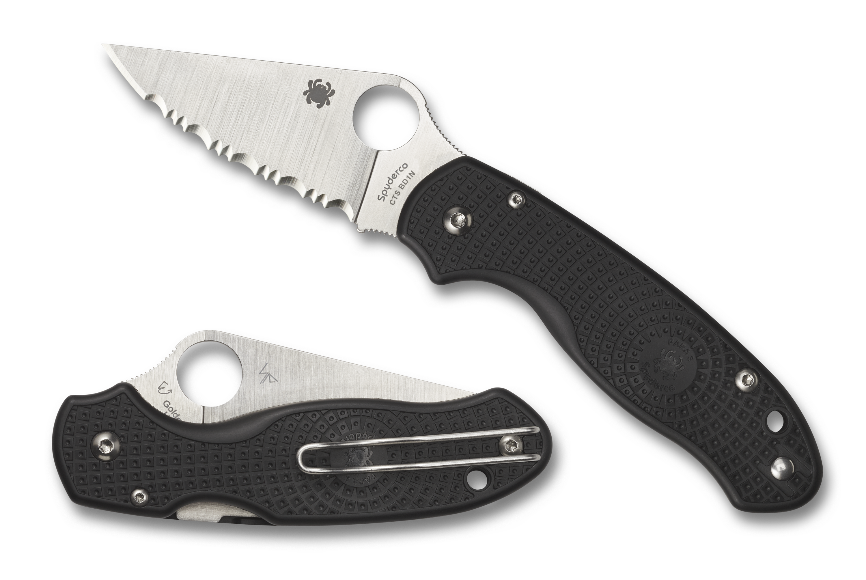 Spyderco Para 3 Lightweight - Black FRN - Serrated Satin Blade - C223SBK Knives - Tophatter Daily Deals
