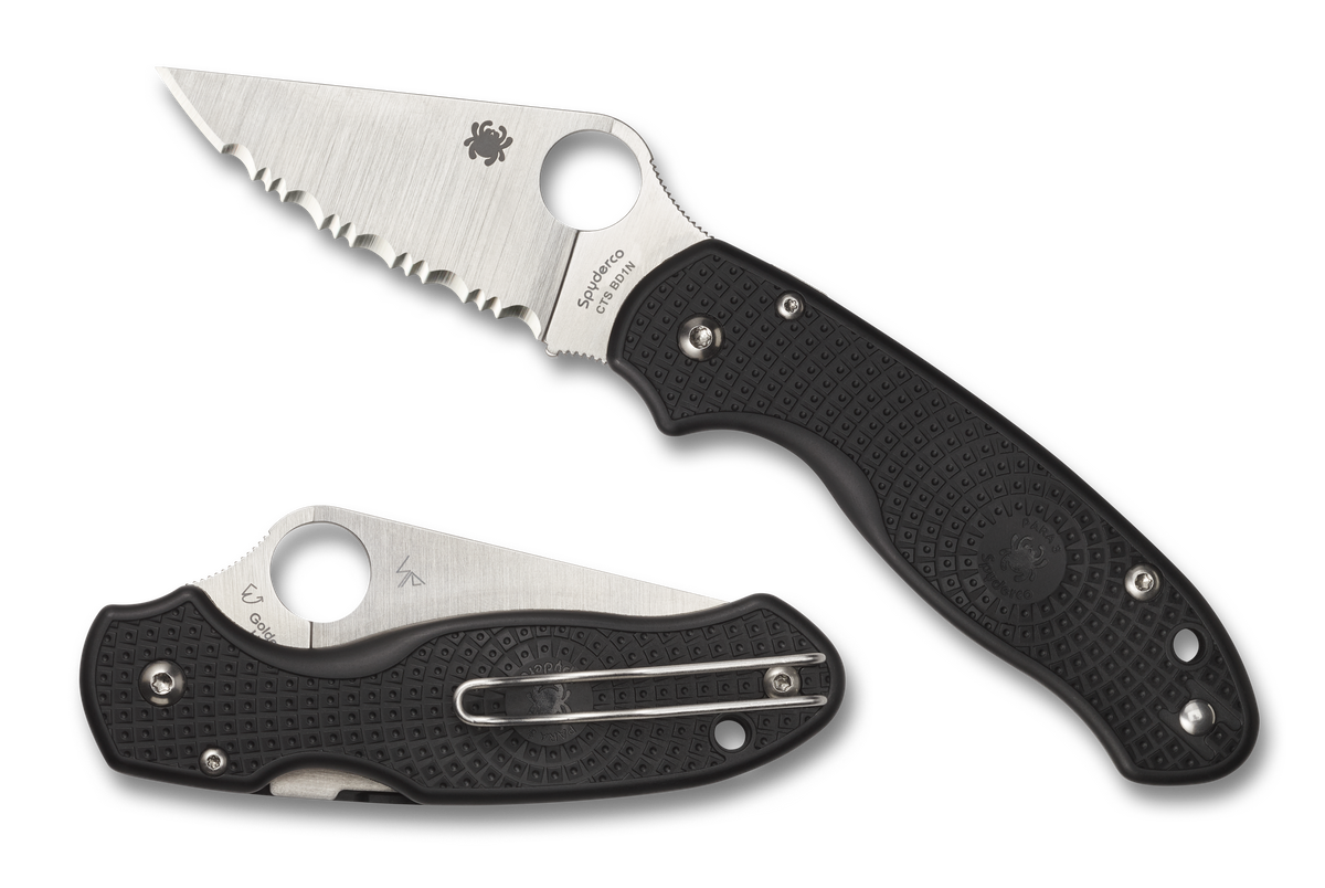 Spyderco Para 3 Lightweight - Black FRN - Serrated Satin Blade - C223SBK Knives - Tophatter Daily Deals