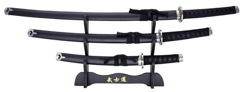 3-pc. Samurai Sword Set With Display Stand Black - TOPHATTER'S ARMORY DEALS Collectible Weapons - Tophatter Daily Deals