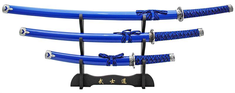 3-pc. Samurai Sword Set With Display Stand Blue Collectible Weapons - Tophatter Daily Deals