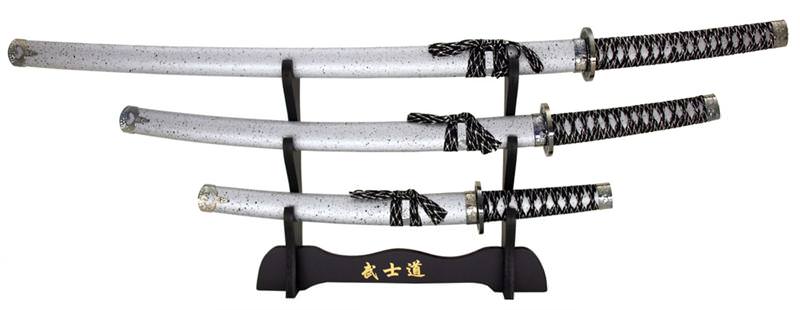 3-pc. Samurai Sword Set With Display Stand Silver & Black - Tophatter's Army Products & Self Defense Collectible Weapons - Tophatter Daily Deals