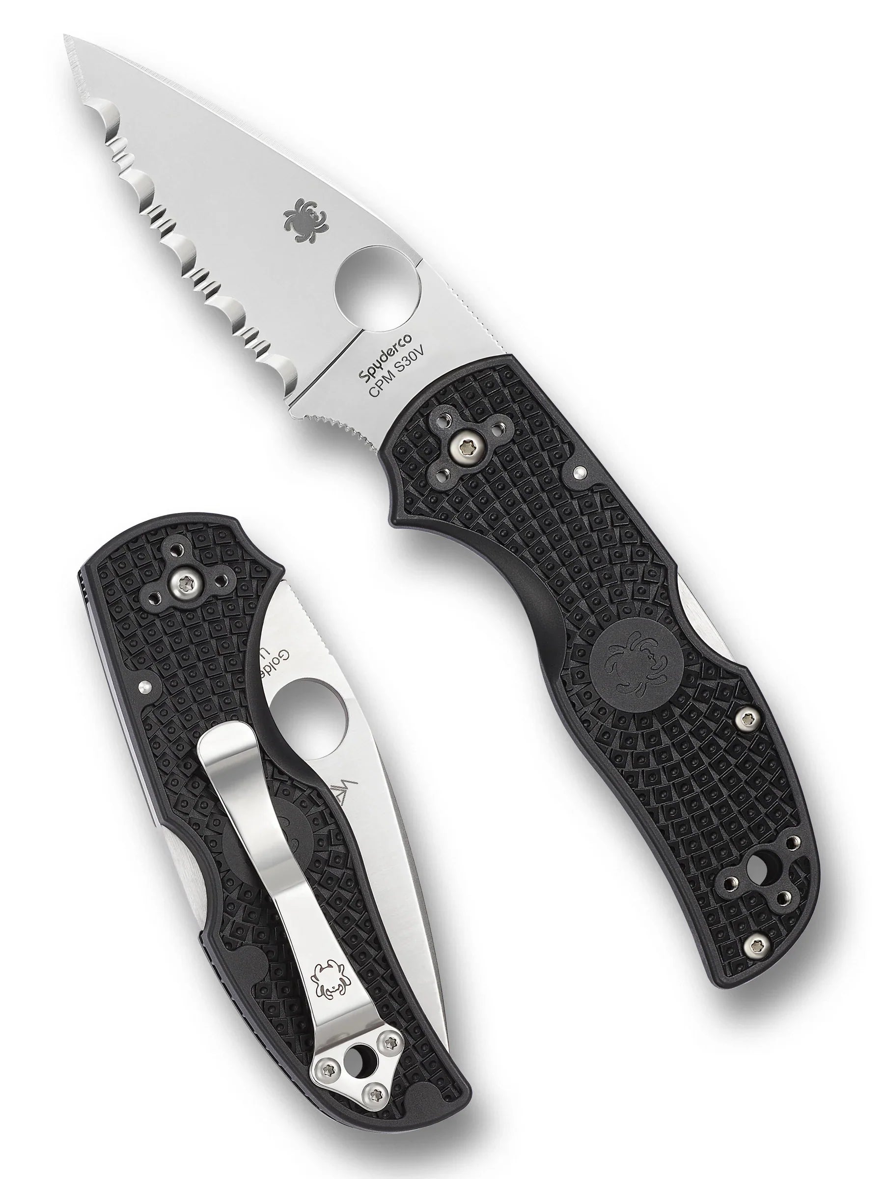 Spyderco Native 5 - Black FRN Handles - S30V Satin Serrated Blade - C41SBK5 Folding Knives - Tophatter Daily Deals