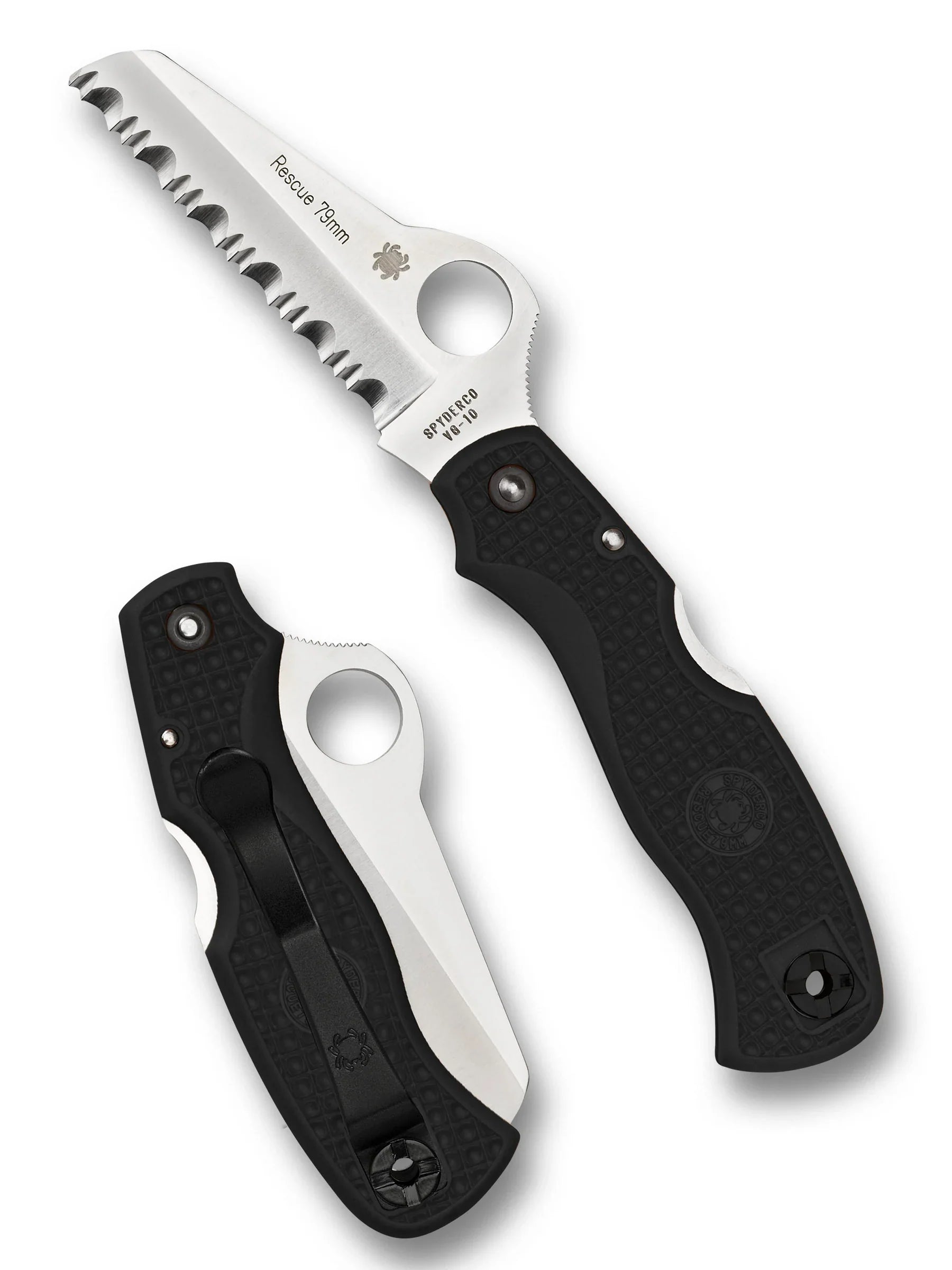 Spyderco Rescue 79mm - Black FRN Handles - VG10 Satin Serrated Blade - C45SBK Folding Knives - Tophatter Daily Deals