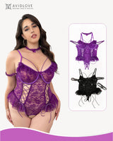 2 Packs Plus Size Sheer Lace Bodysuits Black+Purple Avidlove-Plus Size-Bodysuits - Tophatter Daily Deals