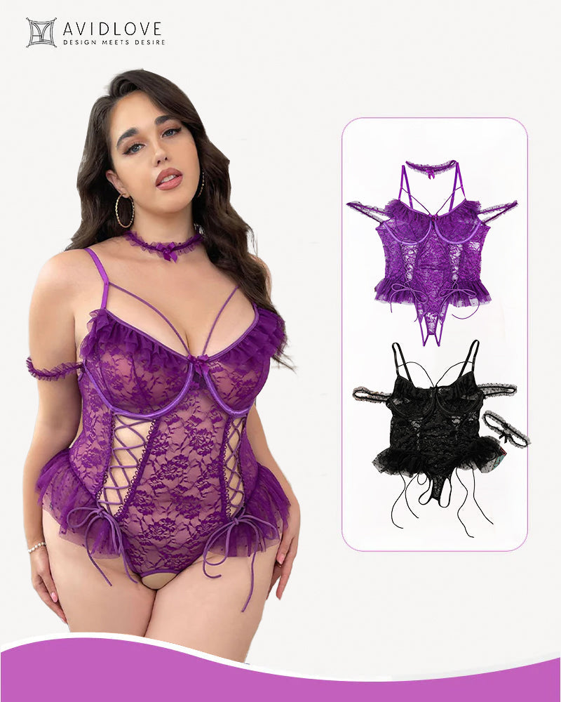 2 Packs Plus Size Sheer Lace Bodysuits Black+Purple Avidlove-Plus Size-Bodysuits - Tophatter Daily Deals