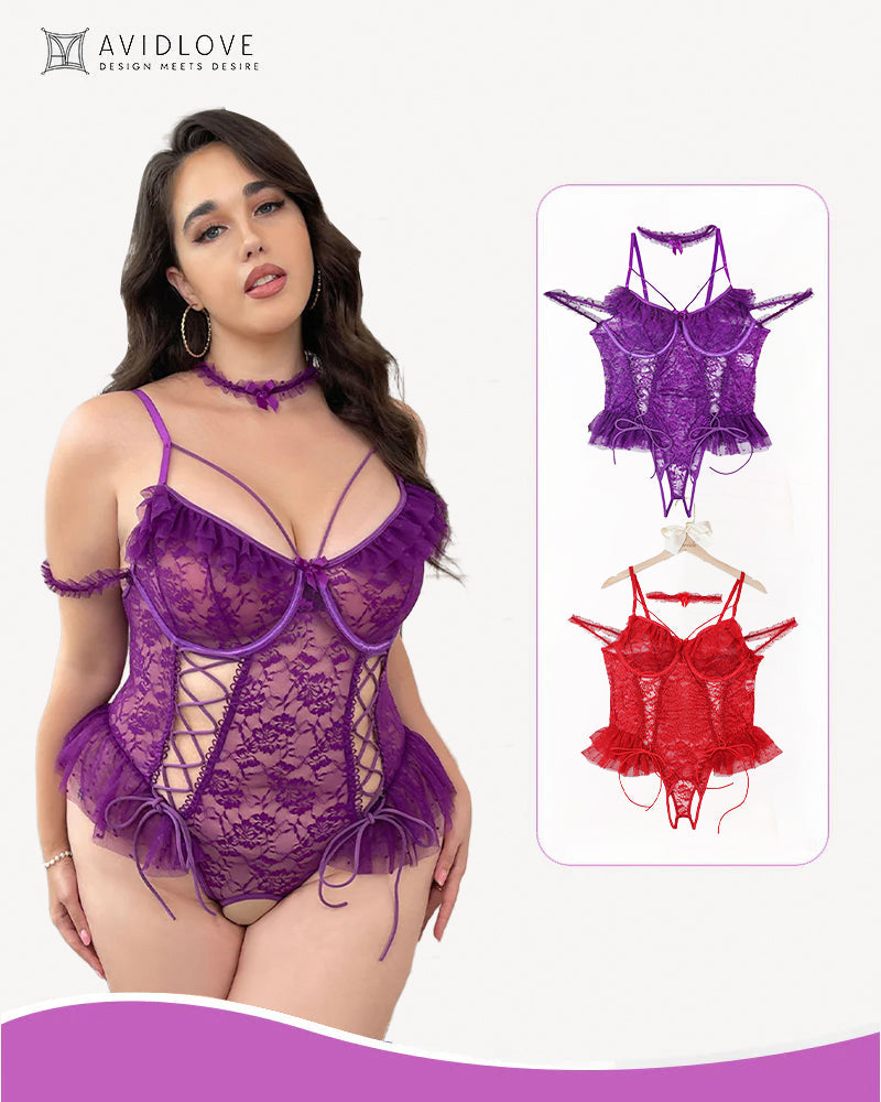 2 Packs Plus Size Sheer Lace Bodysuits Purple+Red Avidlove-Plus Size-Bodysuits - Tophatter Daily Deals