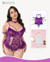 2 Packs Plus Size Sheer Lace Bodysuits Purple+White Avidlove-Plus Size-Bodysuits - Tophatter Daily Deals
