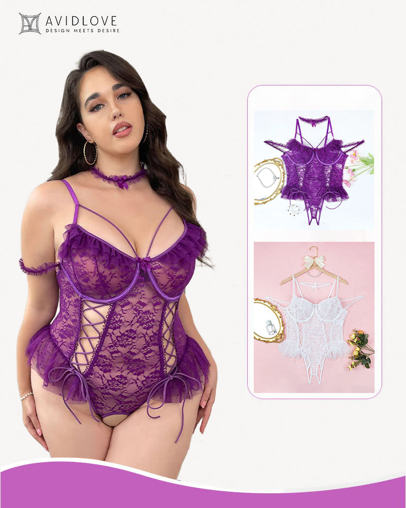 2 Packs Plus Size Sheer Lace Bodysuits Purple+White Avidlove-Plus Size-Bodysuits - Tophatter Daily Deals