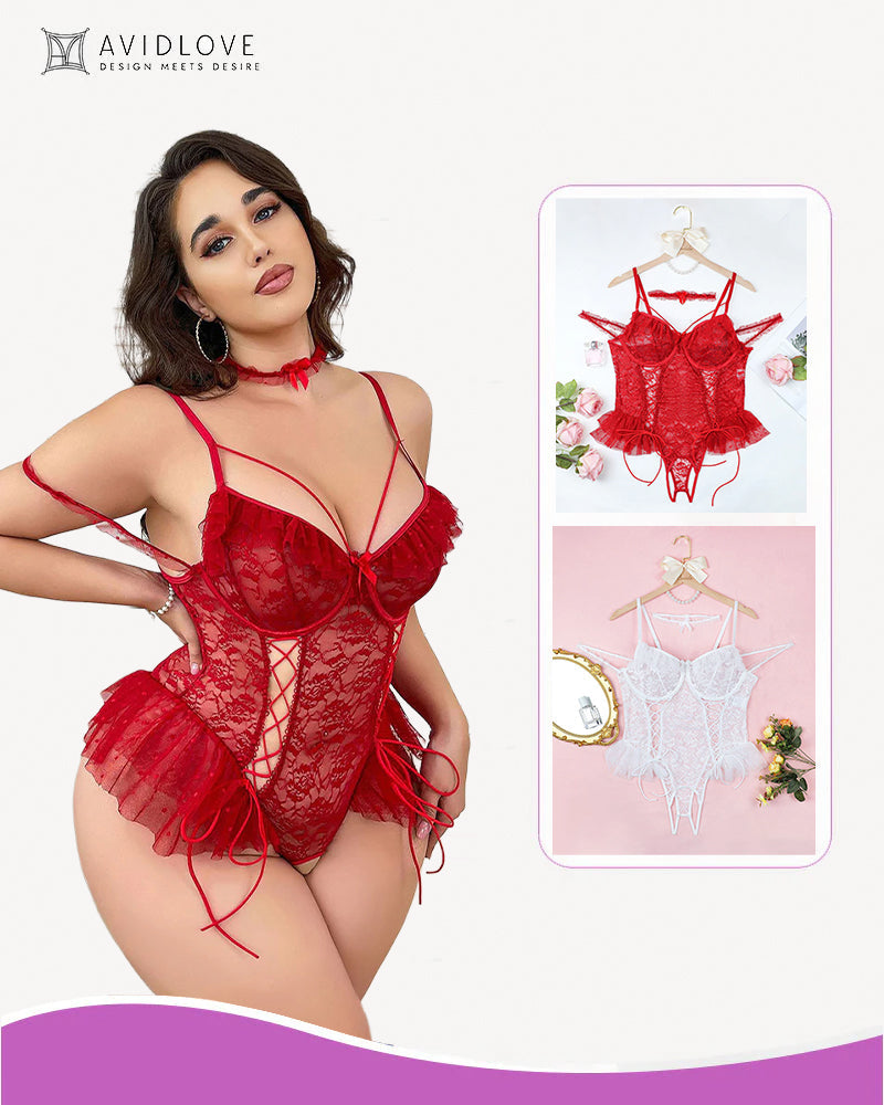 2 Packs Plus Size Sheer Lace Bodysuits Red+White Avidlove-Plus Size-Bodysuits - Tophatter Daily Deals
