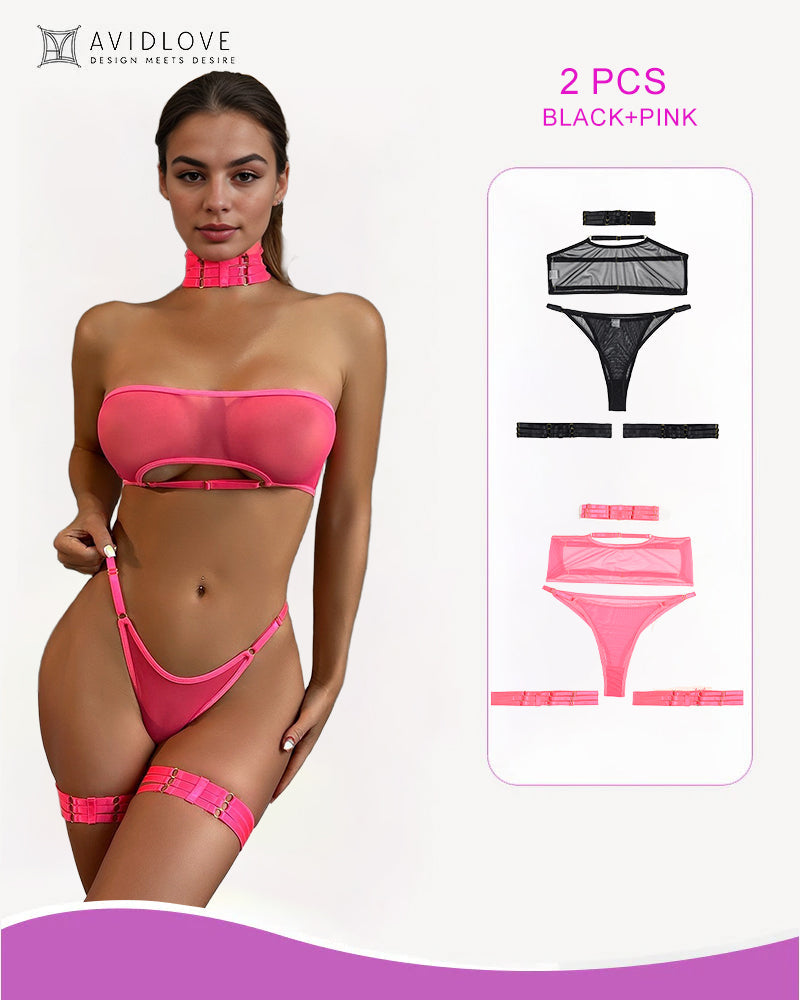 4 Piece Sheer Mesh Bra and Thong Set Black+Pink Avidlove-Bra Sets - Tophatter Daily Deals