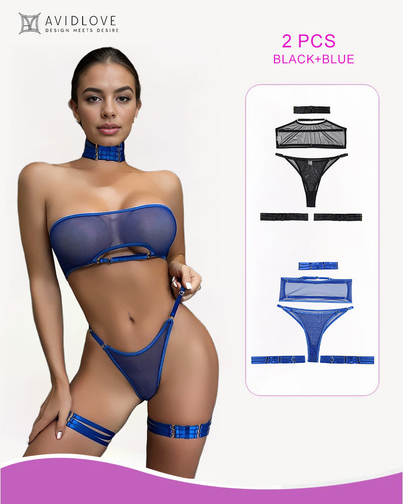 2 Packs Sheer Mesh Bra and Thong Set Black+Blue Avidlove-Bra Sets - Tophatter Daily Deals