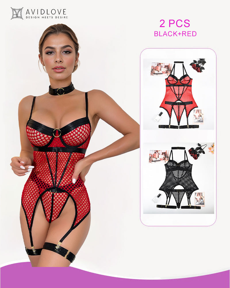 Fishnet Mesh Corset Bustier Lingerie Black+Red Avidlove-Corset - Tophatter Daily Deals