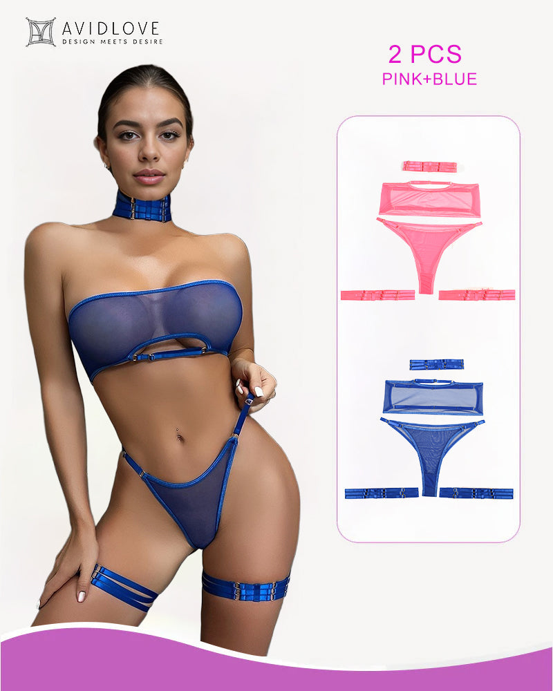 2 Packs Sheer Mesh Bra and Thong Set Pink+Blue Avidlove-Bra Sets - Tophatter Daily Deals