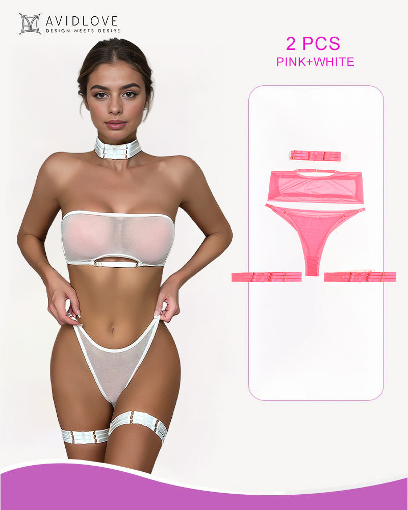 2 Packs Sheer Mesh Bra and Thong Set Pink+White Avidlove-Bra Sets - Tophatter Daily Deals