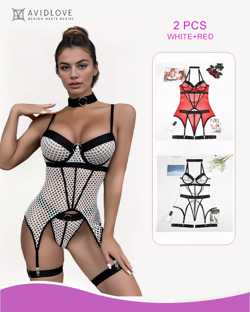 2 Packs Fishnet Mesh Corset Lingeries White+Red Avidlove-Corset - Tophatter Daily Deals