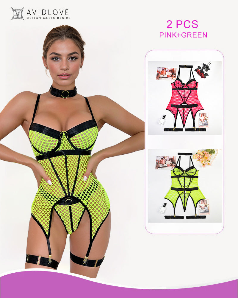 2 Packs Fishnet Mesh Corset Lingeries Pink+Green Avidlove-Corset - Tophatter Daily Deals
