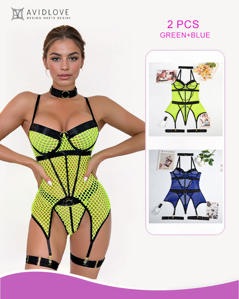 2 Packs Fishnet Mesh Corset Lingeries Green+Blue Avidlove-Corset - Tophatter Daily Deals