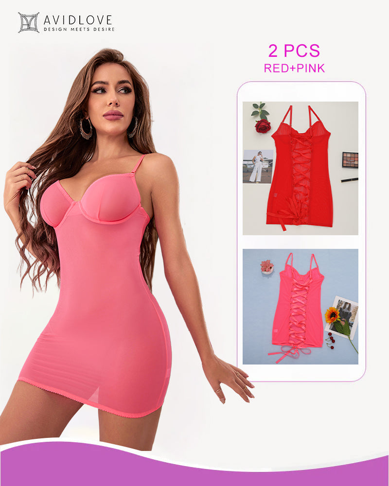2 Packs Backless Lace-Up Mini Dresses Red+Pink Avidlove-Chemises - Tophatter Daily Deals
