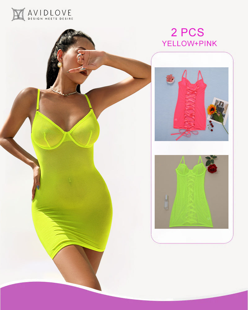 2 Packs Backless Lace-Up Mini Dresses Yellow+Pink Avidlove-Chemises - Tophatter Daily Deals